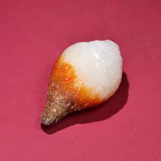臻品旧藏,和田玉白玉红沁佛教八宝满工海螺把件@包浆厚重,沁色入骨,工